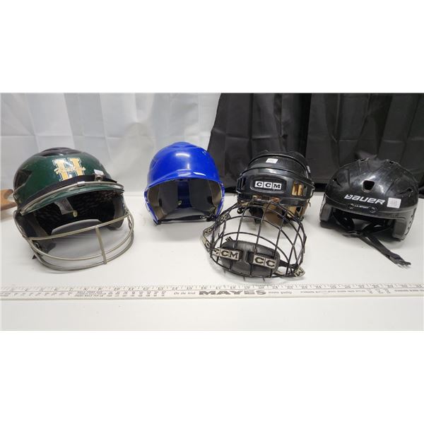 Lot of Hockey and Baseball Helmets