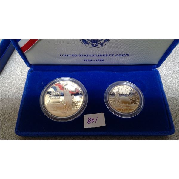 2 $1 and 50 cent US" Liberty coins" 1886-1986 Silver Original Case and box  Uncirc.