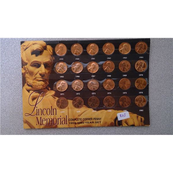 Linc. Mem. Comp. Copper Penny Yr. set 1959-1982 Incl.