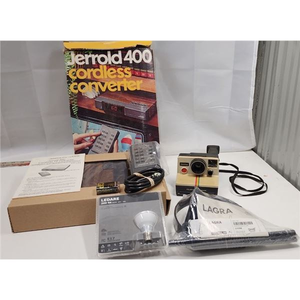 New Old Stock, Jerrold 400 Cordless Tv Converter, Polaroid Camera and New Desk lamp