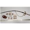 Image 15 : Lot of Decorative Items, Sword with Sheath (Sheath is ripped in a few places), Wooden Tokens and Ukr