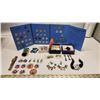 Image 1 : Lot of Assorted Small Treasures, Brooches, Earrings, Wrist Golf Point Tracker, Milk Tokens, Watch, C