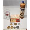 Set of Assorted Coins/Tokens, Coca-Cola Olympic glass and Liquour bottle