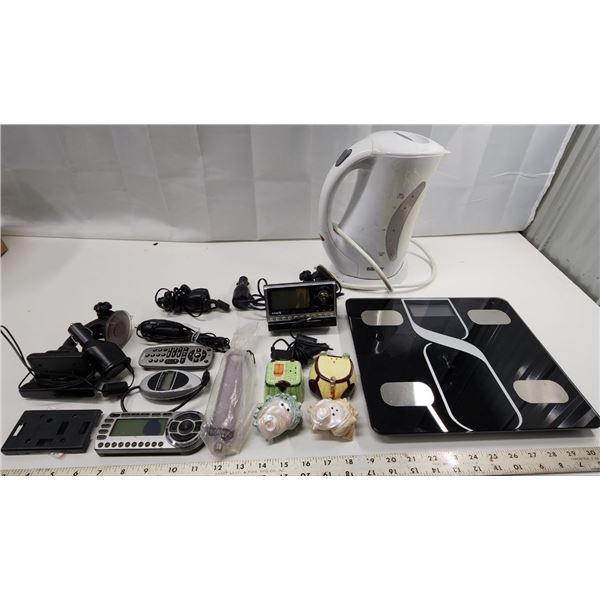 Huge lot of Electronics, Sirius Radios, Plastic white electric Kettle, Black & Silver Weight scale