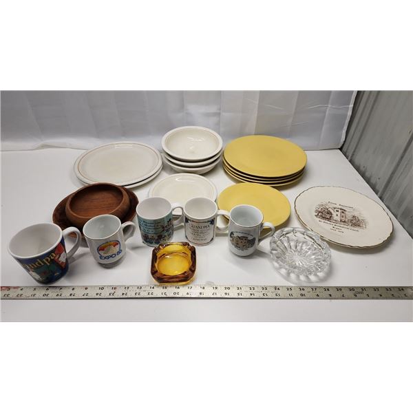 Huge lot Assorted Dishwares, Mugs, Plates, Bowls, Saucers and Glass Ashtrays