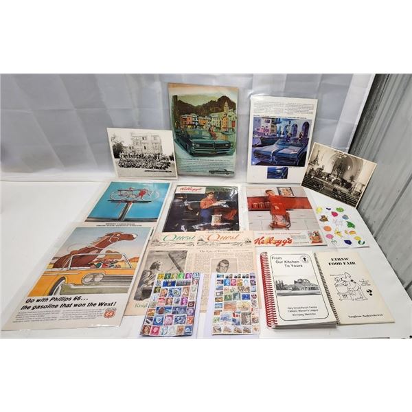 Huge lot of Vintage Advertisements, Photos, The "Quest" newspapers, Cookbooks, and Stamps.