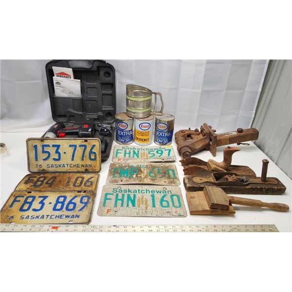 Huge lot of Vintage License plates, Wood Planers, Sift-Chine Container, Drill with case and accessor