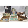 Huge lot of Vintage License plates, Wood Planers, Sift-Chine Container, Drill with case and accessor