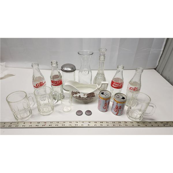 Lot of Assorted Glassware, Coca-cola bottles & caps, Small mugs, Vases, Sugar Container and shot gla