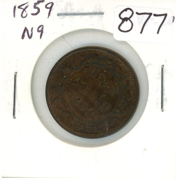 Canada. 1859 Narrow 9 Victorian Large Cent. VF-20. Nice.