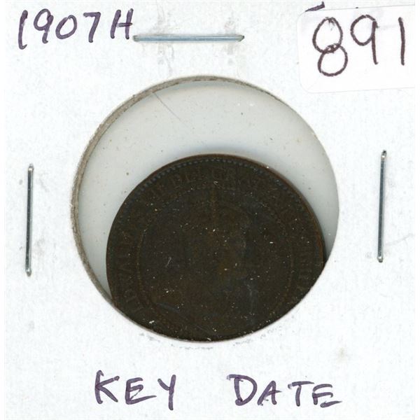 1907H Canadian Edward VII Large Cent. Heaton Mint. Key Date. F-12.