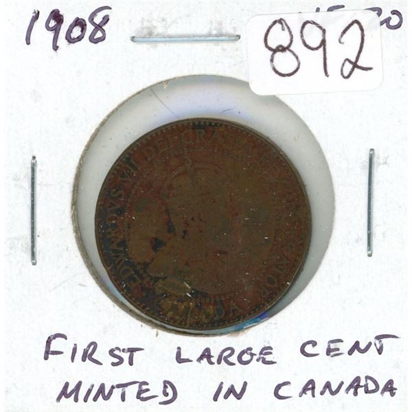 1908 Canadian Edward VII Large Cent. The first Large Cent minted I Canada. VF-20.