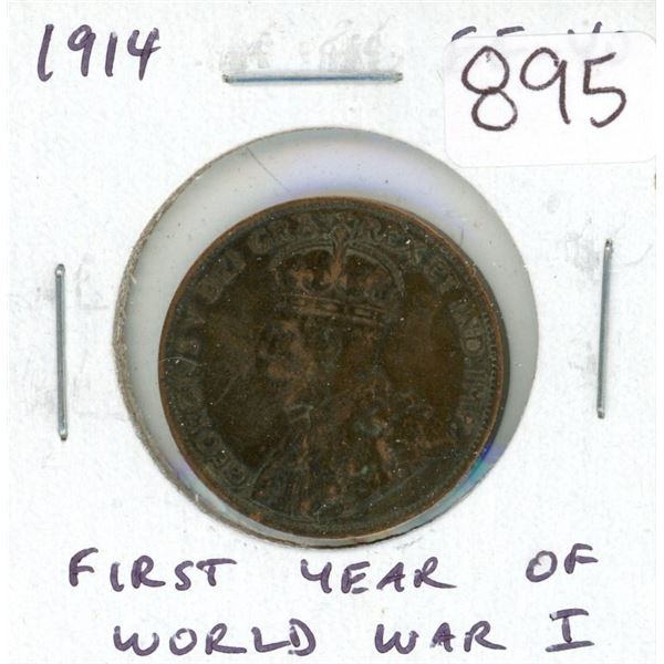 1914 Canadian George V Large Cent. First year of World War I. EF-40.