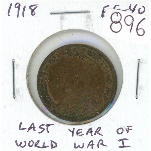 1918 Canadian George V Large Cent. Last year of World War I. EF-40.