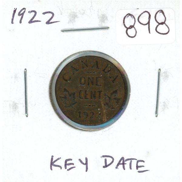 1922 Canadian George V Small Cent. Key Date. F-12.