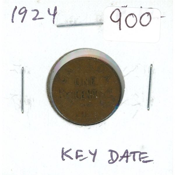 1924 Canadian George V Small Cent. Key Date. F-12.