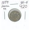 Image 1 : 1899 Small 99 Canadian Victorian Silver 10 Cents. VG-8.