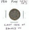 Image 1 : 1910 Canadian Silver 10 Cents. Last silver 10 cents minted for King Edward VII. F-12.