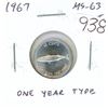 Image 1 : 1967 Canadian Silver 10 Cents. One Year Issue. MS-63. Bright White. Nice.