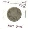Image 1 : 1905 Canadian Edward VII Silver 25 Cents. Key Date. Mintage of 800,000. G-4.