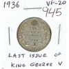 Image 1 : 1936 Canadian Silver 25 Cents. The last silver 25 cents minted for King George V. VF-20. Nice.