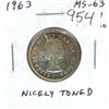Image 1 : 1963 Canadian Silver 25 Cents. MS-63 with Heavy Cameo contrast. Nicely Toned.