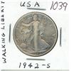 Image 1 : U.S. 1942S Walking Liberty Silver Half Dollar. San Francisco Mint. F-12.