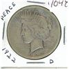 Image 1 : U.S. 1922D Peace Silver Dollar. Denver Mint. 100 years old. VF.