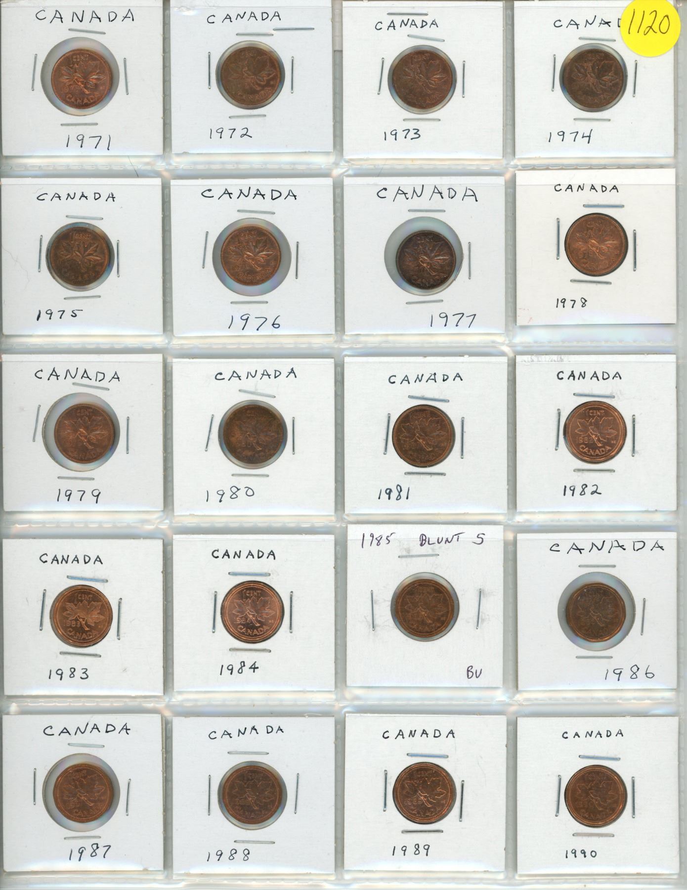 Lot of 20 Uncirculated Canadian Small Cents. Includes 1971, 1972, 1973 ...