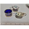 Image 1 : Condiment set with spoons, blue glass liners in silverplate, England