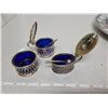 Image 2 : Condiment set with spoons, blue glass liners in silverplate, England