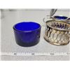 Image 4 : Condiment set with spoons, blue glass liners in silverplate, England