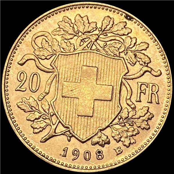 1908-B Swiss 20 Francs CHOICE BU