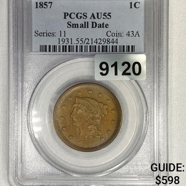 1857 Sm Date Braided Hair Large Cent PCGS-AU55