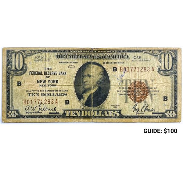1929 US $10 Bill, New York, NY Gold Seal -