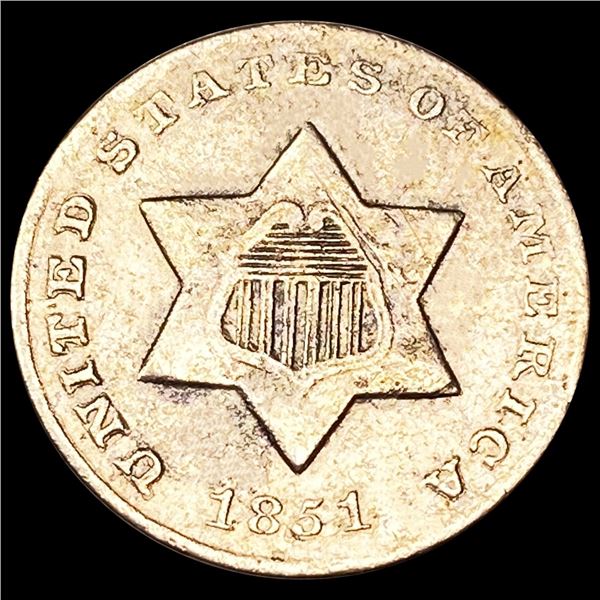 1851 Silver Three Cent ABOUT UNCIRCULATED