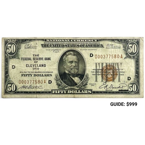 1929 US $50 Bill, Cleveland, OH Gold Seal -