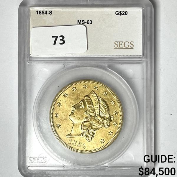 1854-S $20 Gold Double Eagle SEGS-MS63