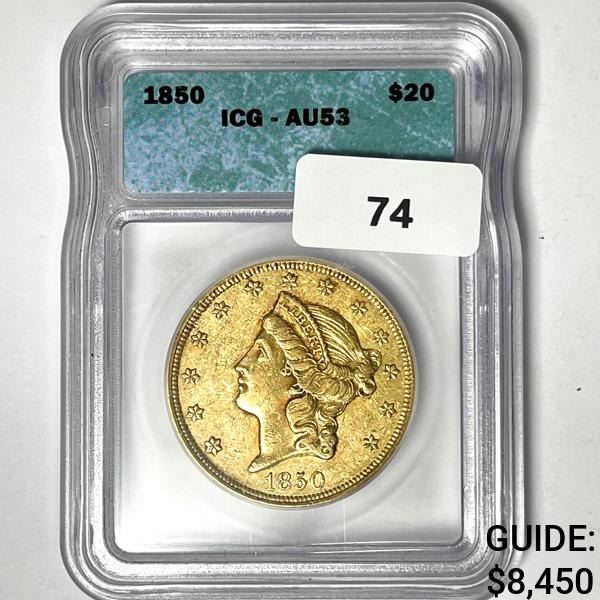 1850 $20 Gold Double Eagle ICG-AU53