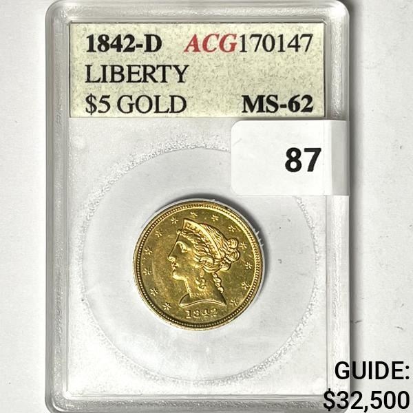 1842-D $5 Gold Half Eagle ACG-MS62