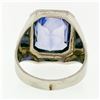 Image 6 : Antique 14k White Gold Large Rectangle Blue Stone Hand Engraved Statement Ring