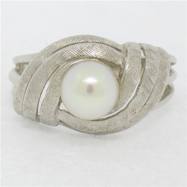Vintage 14k White Gold 6.3mm Round Pearl Solitaire Florentine Finished Open Swir
