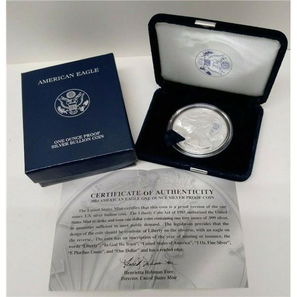 2004-W $1 American Silver Eagle Dollar Proof Coin w/Case & COA