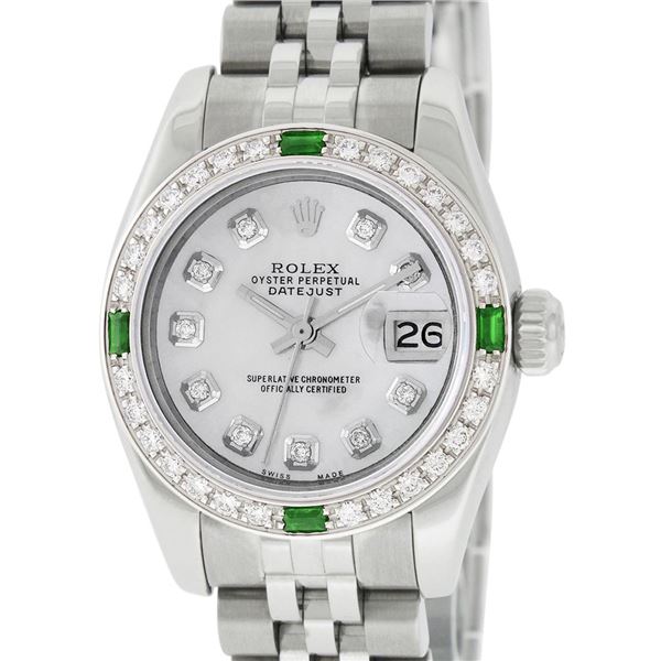 Rolex Ladies Stainless Steel Mother Of Pearl Diamond And Emerald Datejust