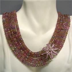 1400 CTS 5 STRANDS SAPPHIRE NECKLACE WITH 14K GOLD CLASP INCRUSTED WITH PINK SAPPHIRES 21-24''