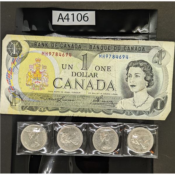 One Canada Dollar Bill Plus Four Mountie Quarters (A4106)