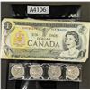 Image 1 : One Canada Dollar Bill Plus Four Mountie Quarters (A4106)