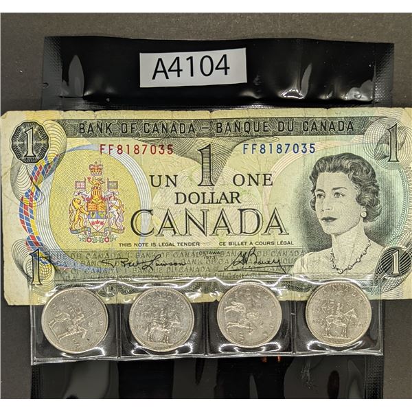 One Canada Dollar Bill Plus Four Mountie Quarters  (A4104)(A4104)