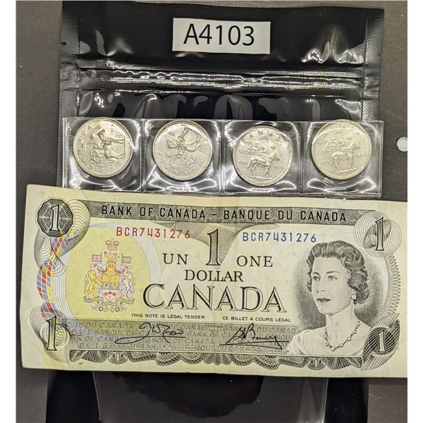 One Canada Dollar Bill Plus Four Mountie Quarters (A4103) (A4103)