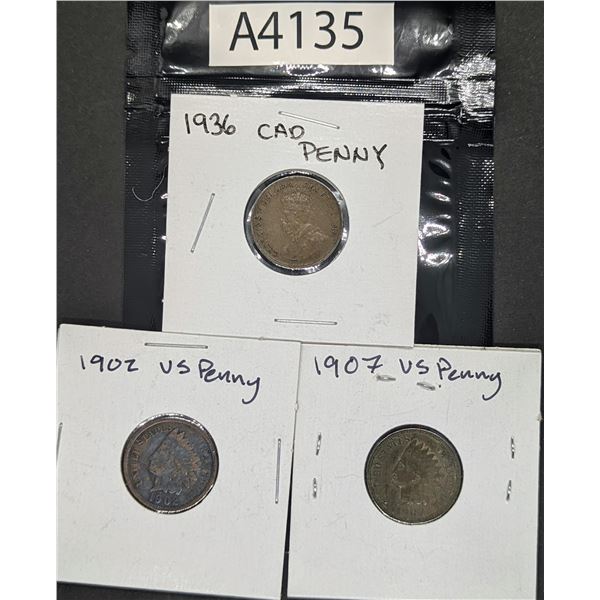 Three Very Old Pennies - 1902, 1907 US and 1936 CAD (A4135)